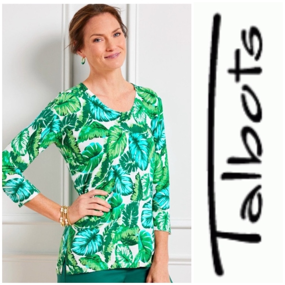 New Summer Fall Talbots Isle Fronds Tropical Leaves V-Neck 3/4 Sleeve Sweater